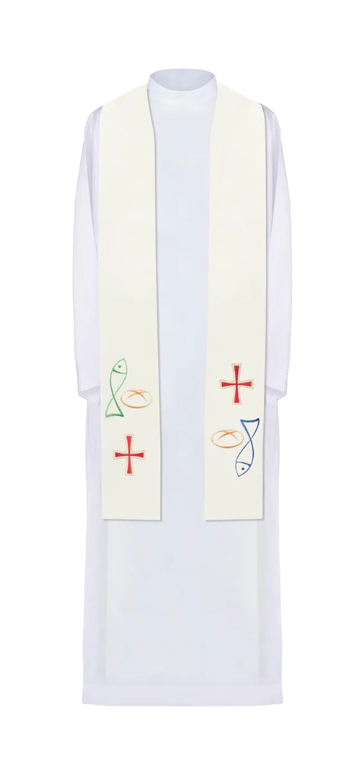 Estola sacerdotal bordada en color con cruz de pan y pez
