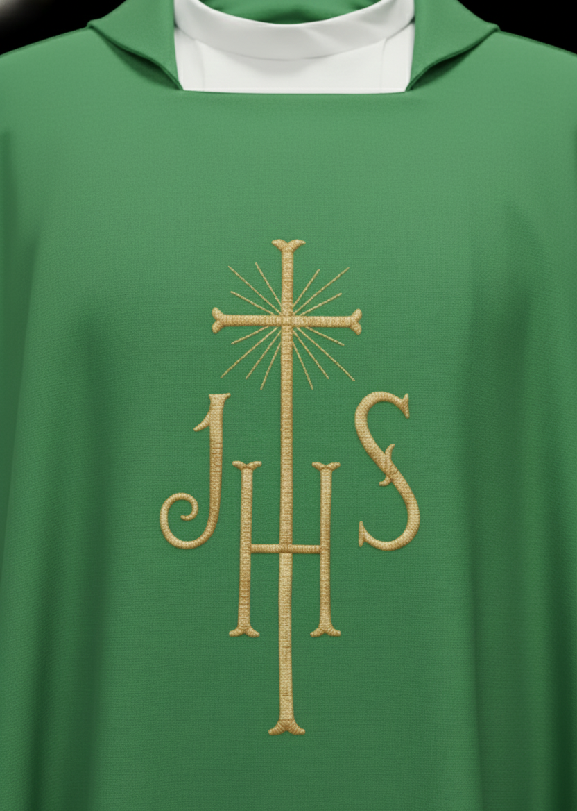 Casulla de poliéster con bordado "JHS"