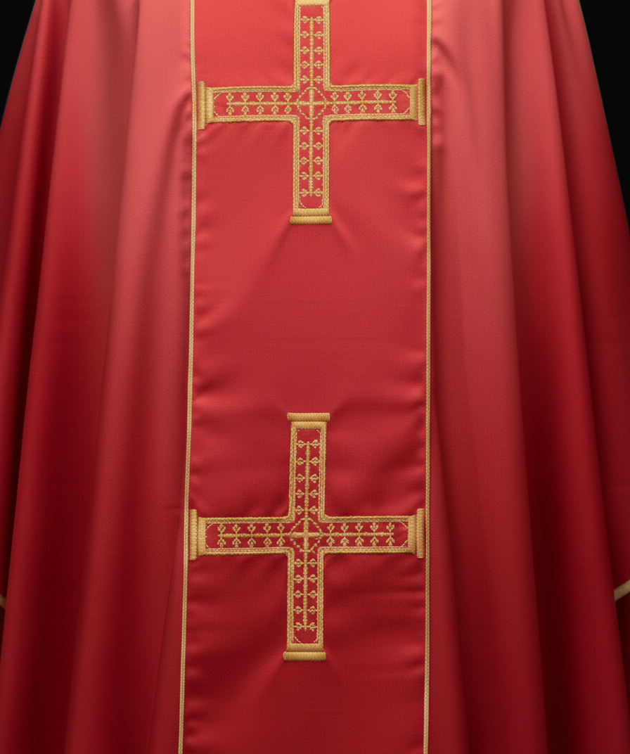 Casulla Poliéster sublimada con galón bordado cruz