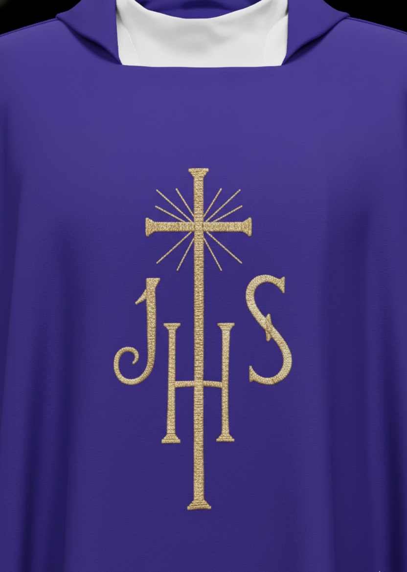 Casulla de poliéster con bordado "JHS"