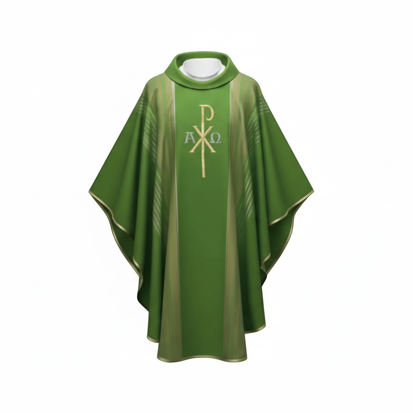 Casulla de lana con bordado Cruz pax y líneas decorativas