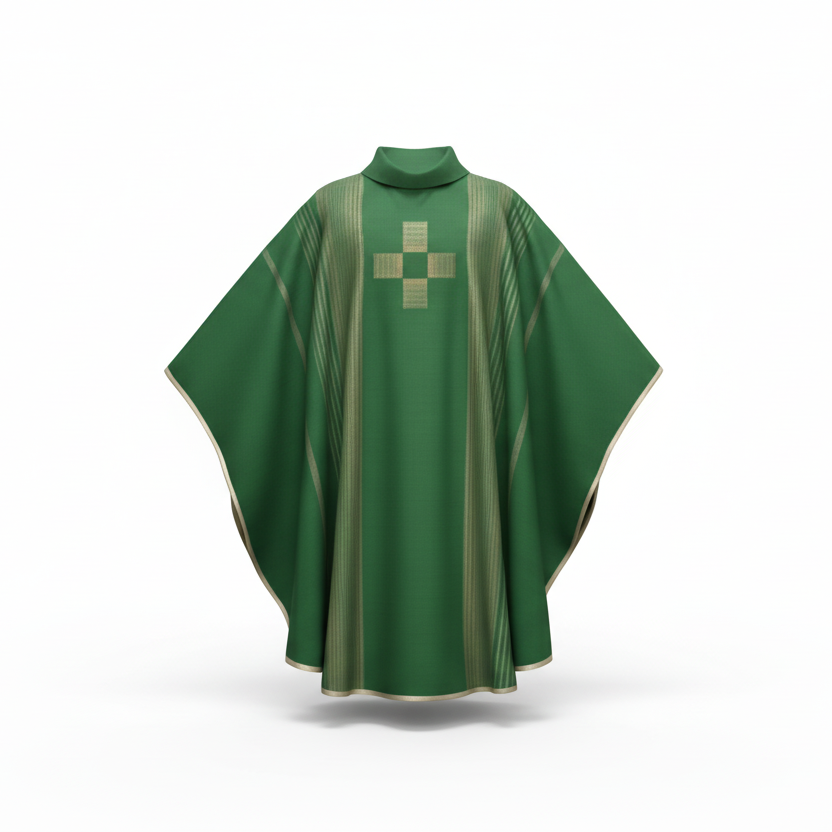Casulla de lana con bordado central y líneas decorativas