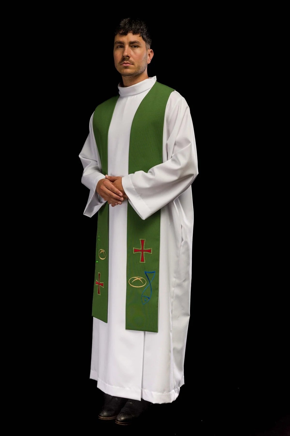 Estola sacerdotal bordada en color con cruz de pan y pez