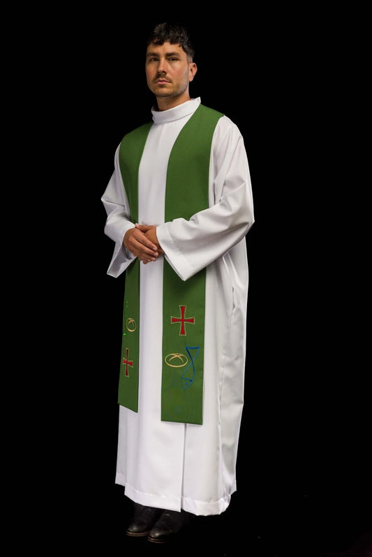 Estola sacerdotal bordada en color con cruz de pan y pez