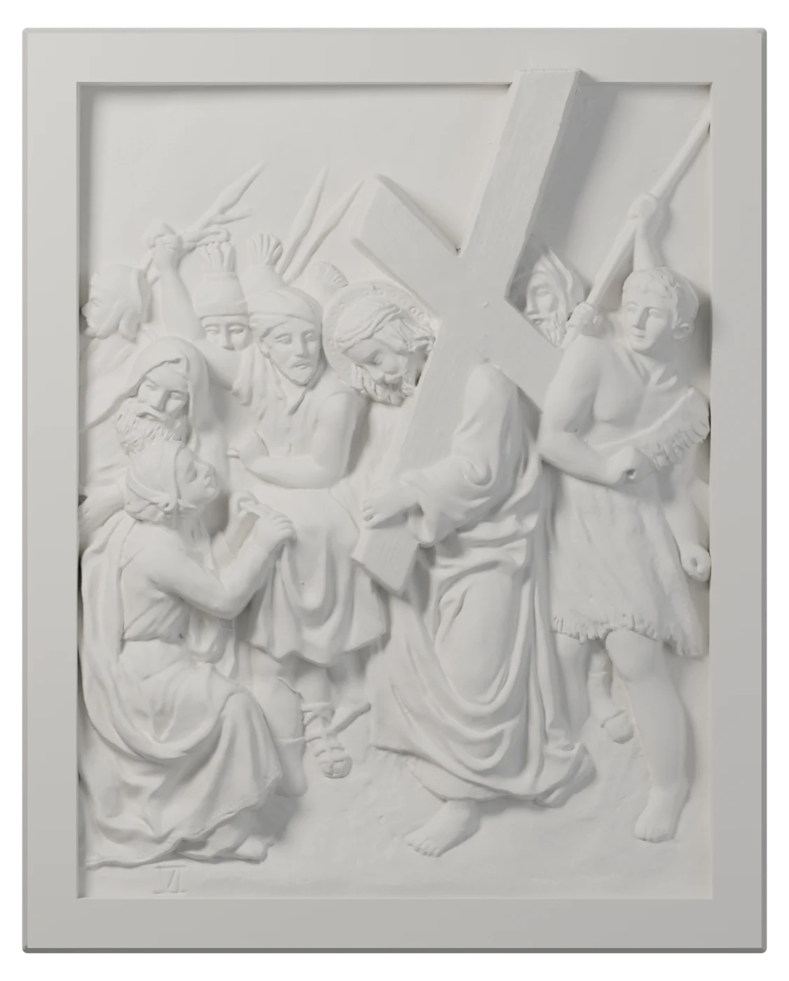 Estación VI del Vía Crucis en relieve blanco: La Verónica enjuga el rostro de Jesús