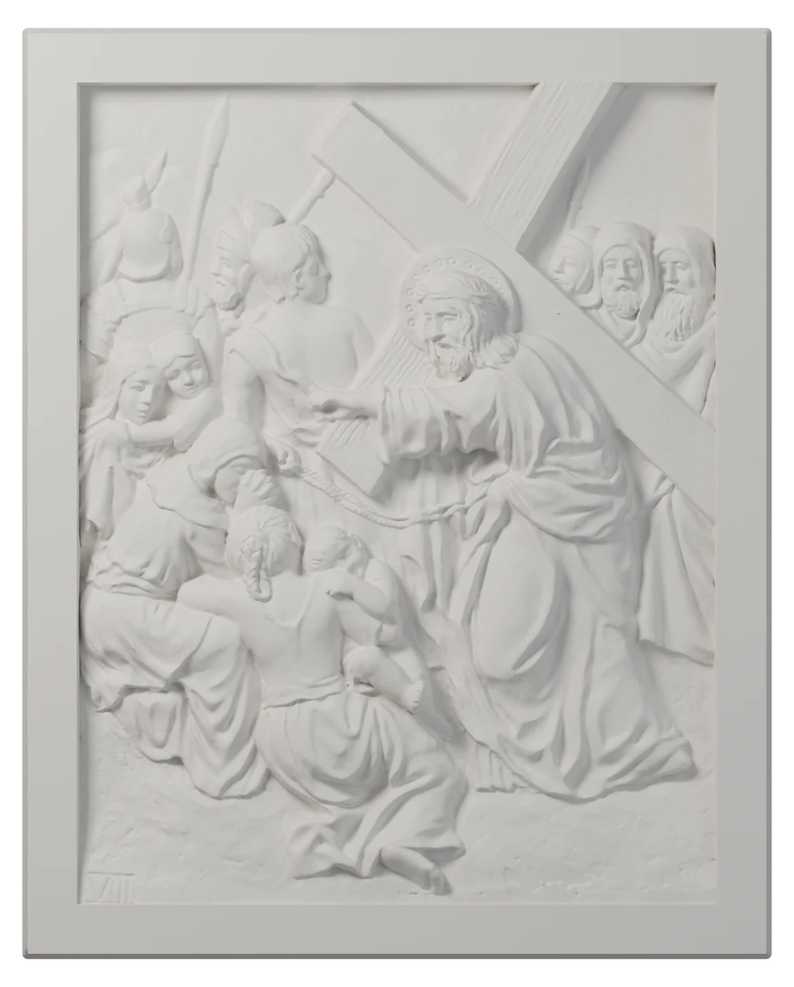 Estación VIII del Vía Crucis en relieve blanco: Jesús consuela a las mujeres de Jerusalén
