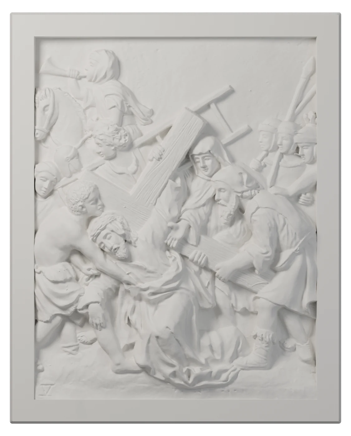 Estación V del Vía Crucis en relieve blanco: El Cireneo ayuda a Jesús