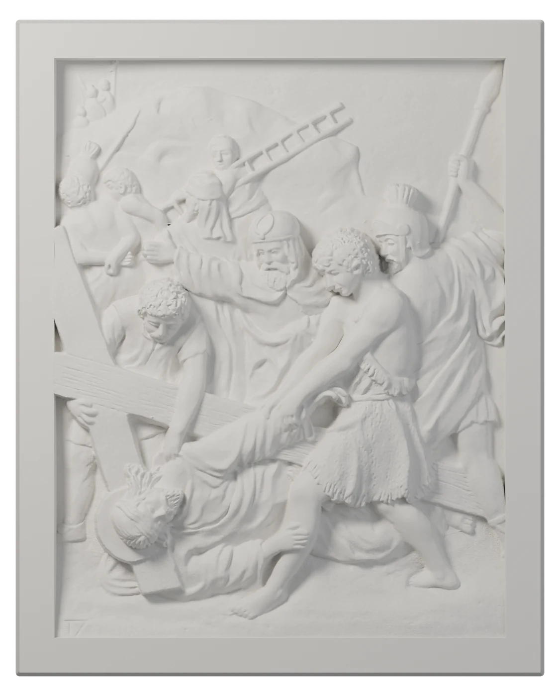 Estación IX del Vía Crucis en relieve blanco: Jesús cae por tercera vez