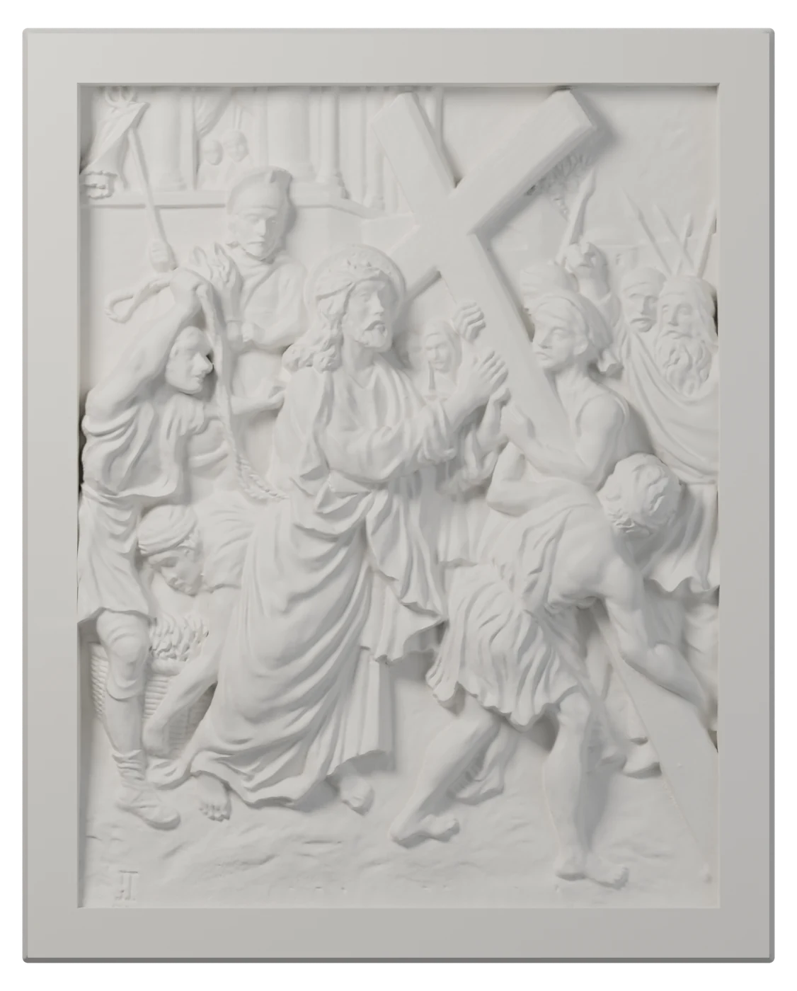 Estación II del Vía Crucis en relieve blanco: Jesús carga con la cruz