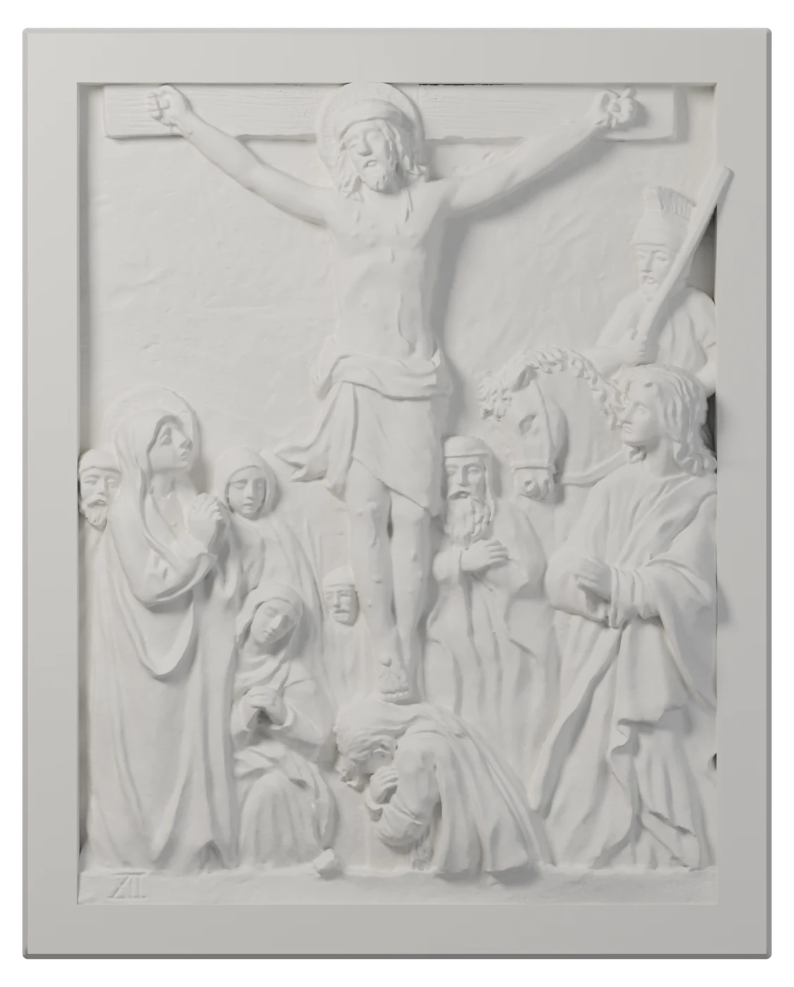 Estación XII del Vía Crucis en relieve blanco: Jesús muere en la cruz