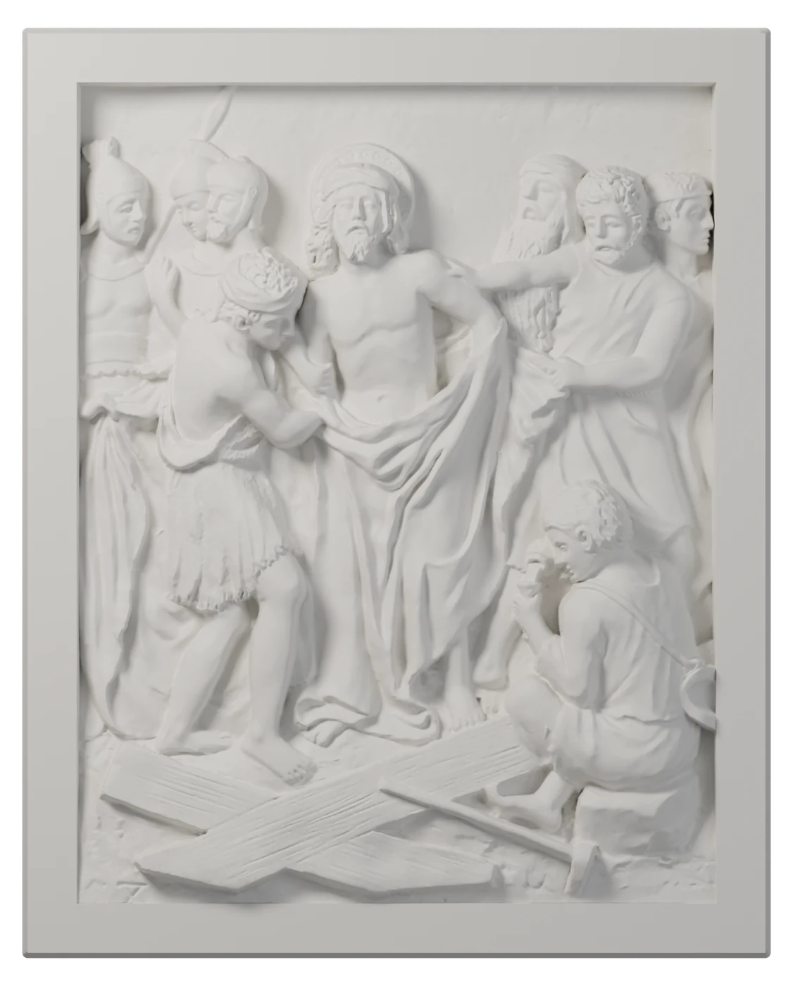 Estación X del Vía Crucis en relieve blanco: Jesús es despojado de sus vestiduras