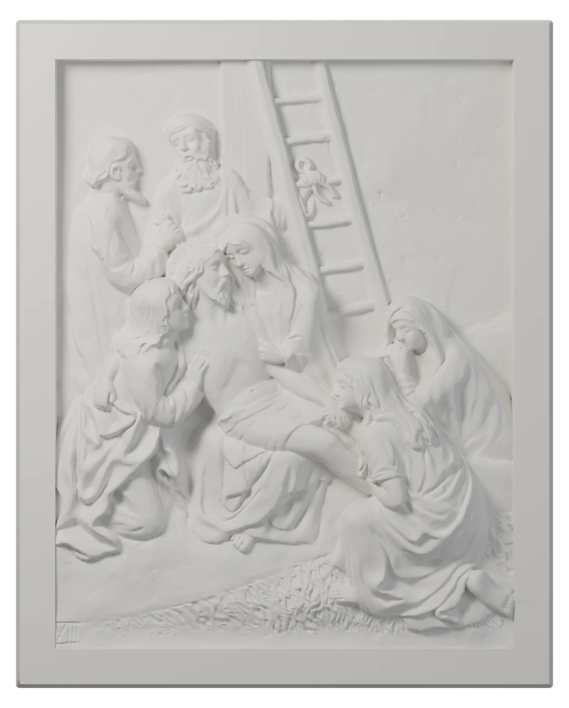 Estación XIII del Vía Crucis en relieve blanco: Jesús es bajado de la cruz