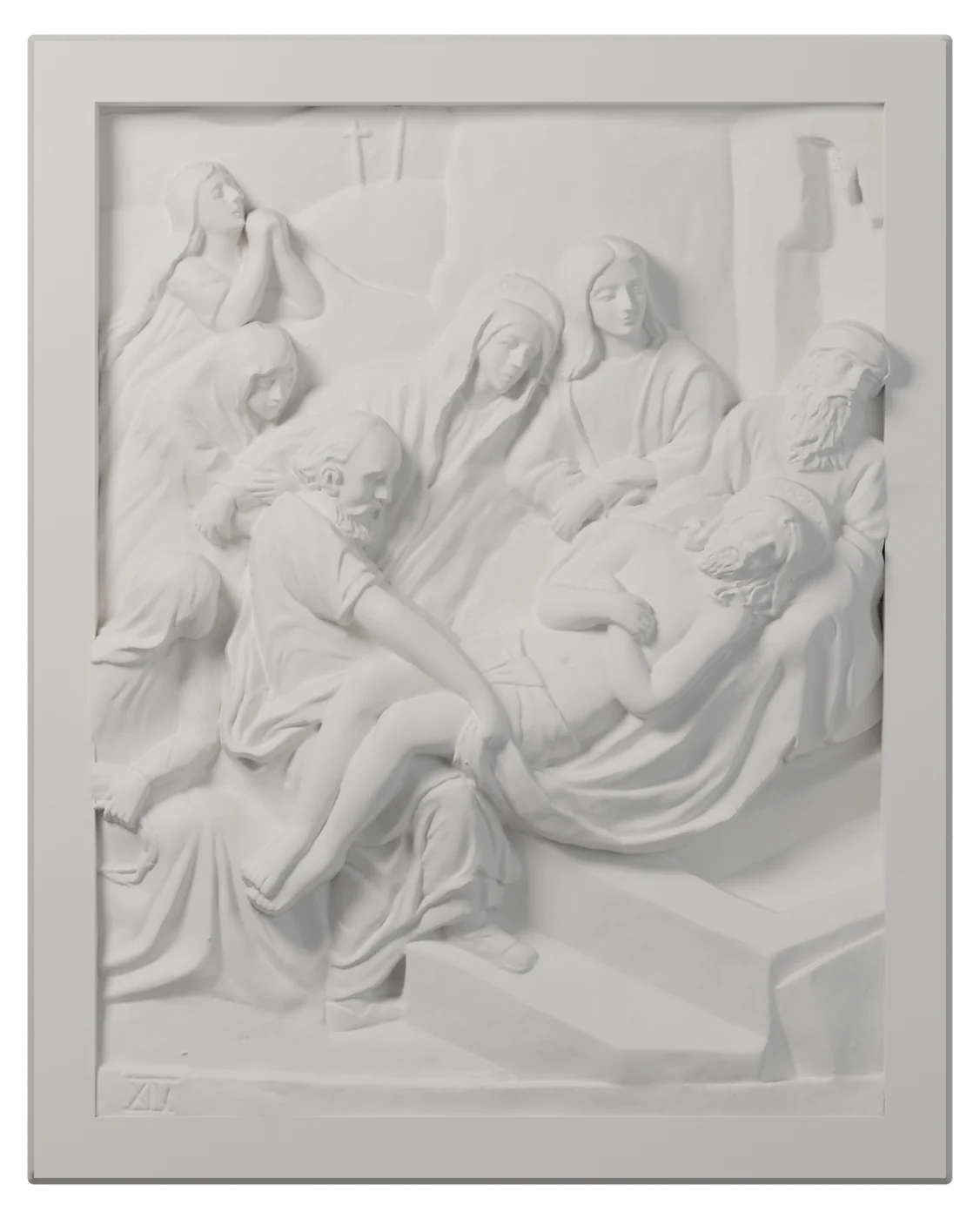 Estación XIV del Vía Crucis en relieve blanco: Jesús es sepultado