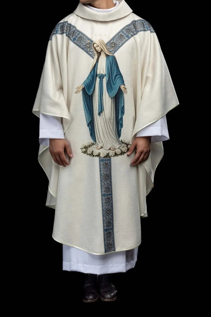 Casulla lino con Virgen de la Inmaculada Concepción