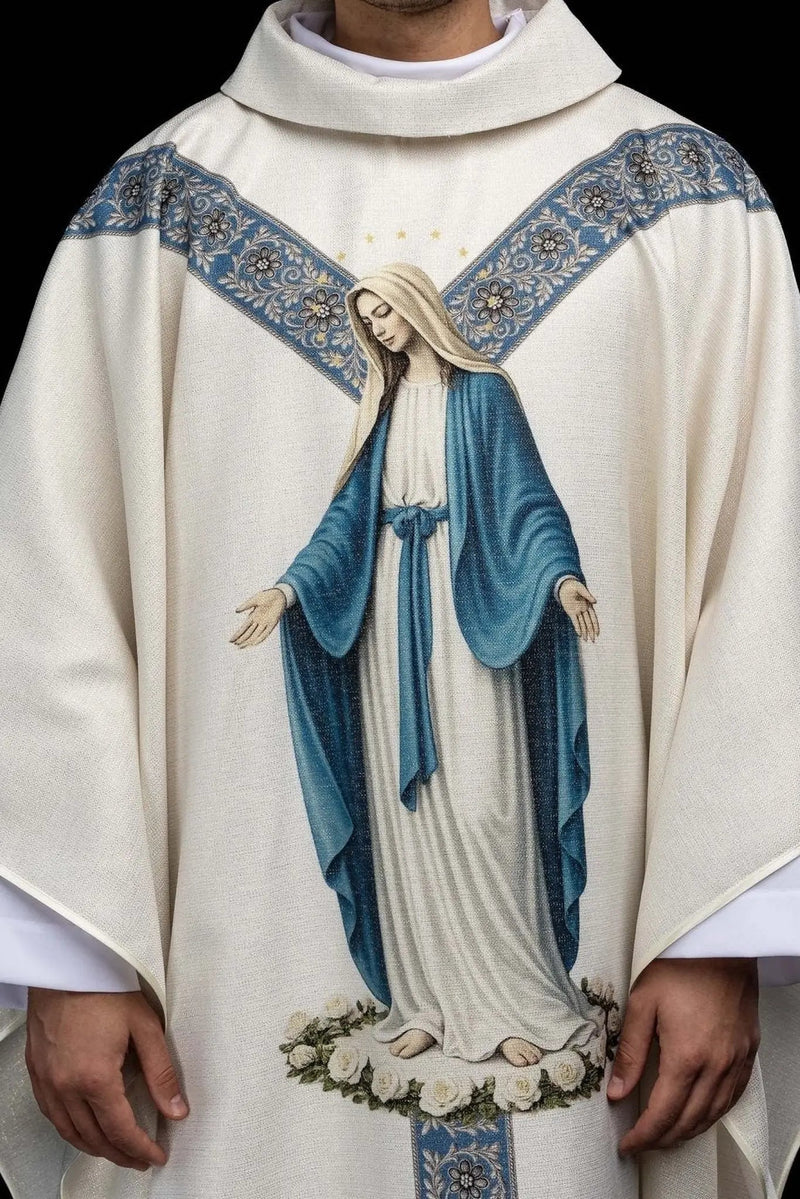 Casulla lino con Virgen de la Inmaculada Concepción