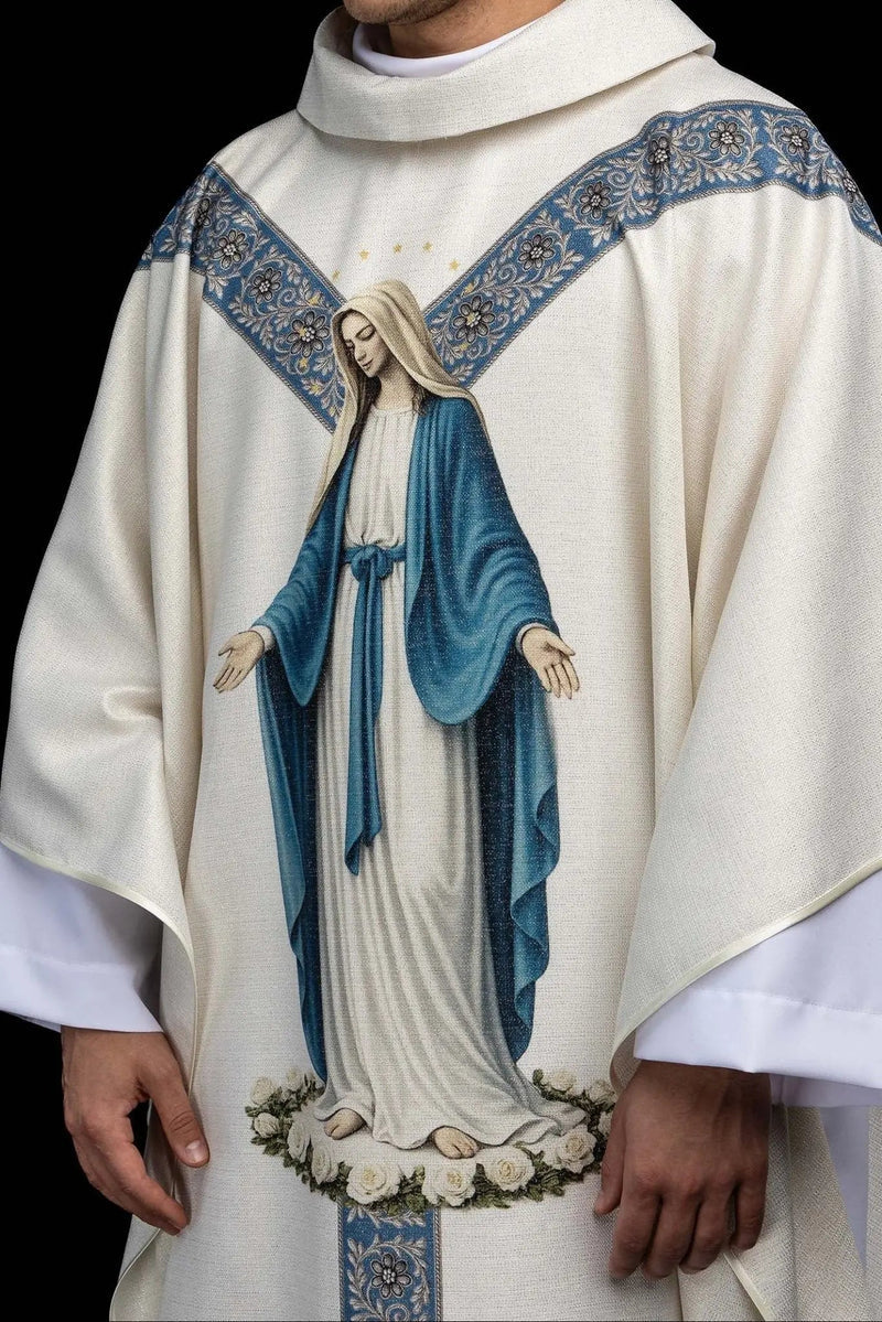 Casulla lino con Virgen de la Inmaculada Concepción